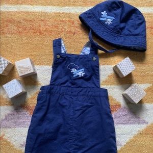 Janie Jack Airplane Overalls Layette & bucket hat